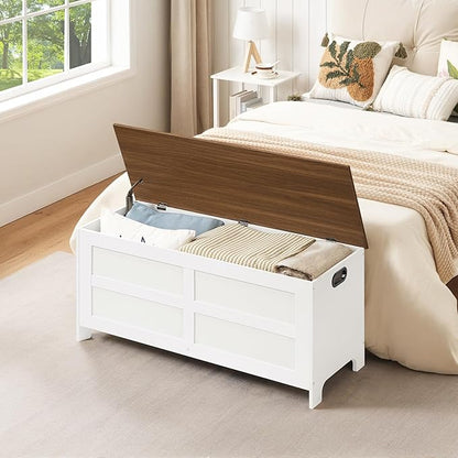 Storage Chest, 39.4” Large Toy Chest, Entryway Storage Trunk, Storage Bench with Safety Hinge, Entrance Bench for Living Room, Entrance, Bedroom, White+Walnut SCBZ48301