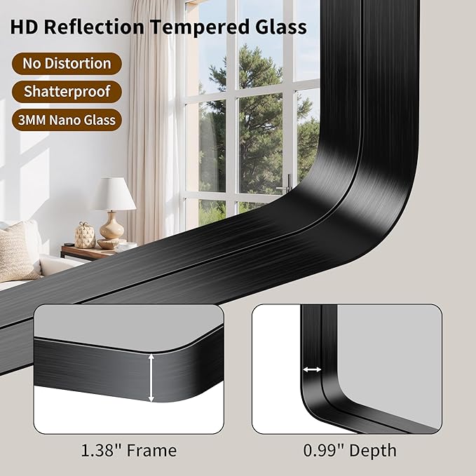 FORBATH 24x48 Inch Bathroom Mirror, Brushed Black Deep Frame Narrow Wall Mirror with Rounded Corners, Anti-Rust Tempered Glass for Modern Farmhouse Vanity (Horizontal/Vertical)
