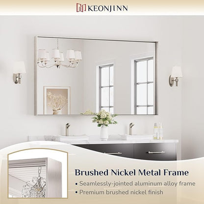 Keonjinn 60 x 36 in Brushed Nickel Bathroom Mirror, Rectangular Metal Framed Wall Vanity Mirror for Over Sink Square Corner Aluminum Alloy Modern Decorative Rectangle Mirror(Horizontal/Vertical)