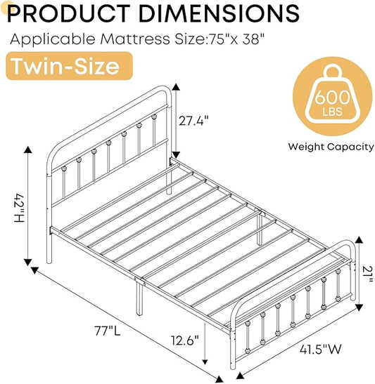 Twin Bed Frame-Classic Metal Platform Bed Frame Mattress Foundation with Victorian Style Iron-Art Headboard/Footboard/Storage Space/No Box Spring Needed/Black