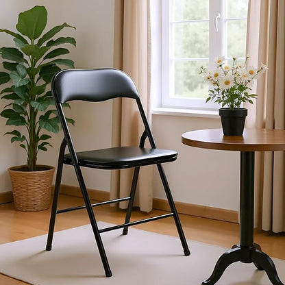 HealSmart 2 Pcs Folding Chairs with Leather Padded Cushion Seats, Back & Sturdy Metal Frame, Stackable, Portable, Commercial Event Seat, Indoor Outdoor for Parties, Home Event, Office, Black