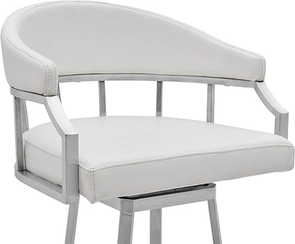 Armen Living Valerie Modern 26" Seat Height White Faux Leather and Brushed Stainless Steel Metal Swivel Bar Stool for Kitchen Island Counter