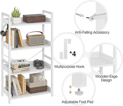 Rolanstar Bookshelf 4 Tier with 4 Hooks, Industrial Bookcase, Vintage Storage Rack with Open Shelves, Rustic Standing Bookshelves Metal Frame Display Rack for Living Room, Bedroom, White
