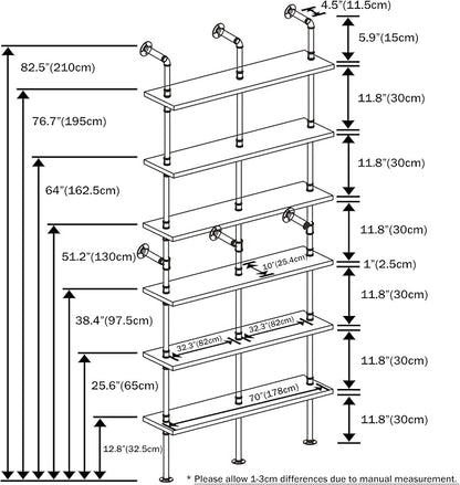 Industrial Ladder Shelf Bookcase, Wall Mounted Rustic Bookshelf, Retro Wood Metal Pipe Industrial Shelves for Living Room(Weathered Brown, 6 Tier - 10" D x 70" W x 82.5" H)
