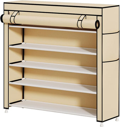 Calmootey 5 Tier Shoe Rack Organizer to Hold 25 Pairs, Portable Shoe Shelf with Nonwoven Fabric Cover for Closet Hallway, Bedroom, Entryway, Beige