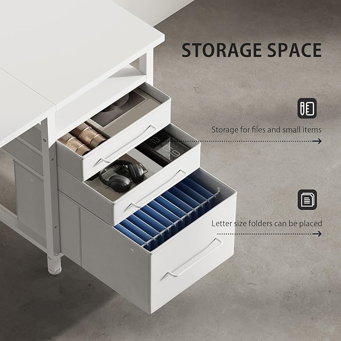 55" Computer Desk with Drawers, Desks for Bedrooms, Writing Desk with Storage, Work Desk for Small Space, White