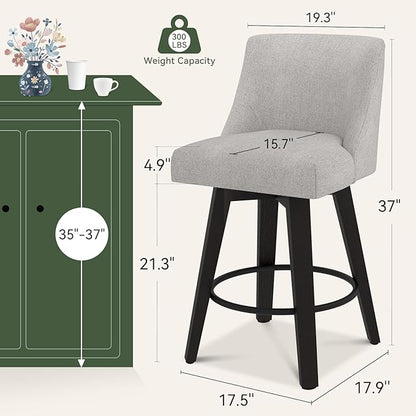 Vipbear Swivel Counter Height Bar Stools Set of 6,26.8" H Counter Stools with Back, Mid Century Modern Bar Stools for Kitchen Island,Linen Fabric,Wooden Base, Light Gray
