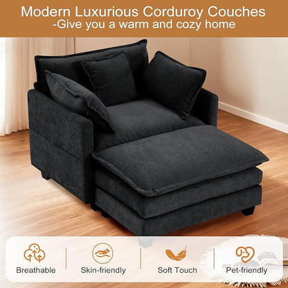 Furniliving Oversized Accent Chairs with Ottoman, Luxury Chenille Single Sofa Couch, Upholstered Deep Seat Chaise Lounge with Pillows for Living Room, Bedroom, Apartment, Black