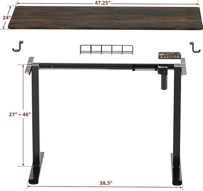 SHW 48-Inch Electric Height Adjustable Sit to Stand Desk with Hanging Hooks and Cable Management, Black Frame and Rustic Brown Top