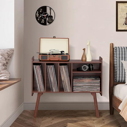 Lerliuo Record Player Stand with 4 Cabinet Holds Up to 220 Albums, Large Turntable Stand with Beech Wood Legs, Mid-Century Record Player Table,Walnut Vinyl Holder Storage Shelf for Bedroom Living Room