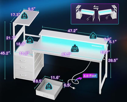 AODK 59 Inch Gaming Desk with USB Charging Ports & LED Light- Reversible Computer Desk with Storage Shelves & Monitor Stand, Modern Gamer Desk Table with Fabric Drawers & Side Hook, Carbon Fiber White