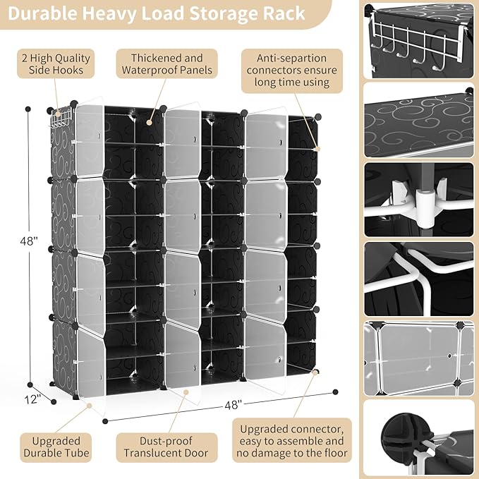 Portable Shoe Rack Organizer with Door, 48 Pairs Shoe Storage Cabinet Easy Assembly, Plastic Adjustable Shoe Organizer Stackable Detachable Free Standing Shoe Rack DIY Expandable 8 Tier Black
