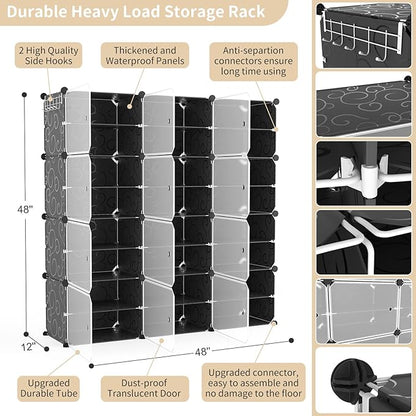Portable Shoe Rack Organizer with Door, 48 Pairs Shoe Storage Cabinet Easy Assembly, Plastic Adjustable Shoe Organizer Stackable Detachable Free Standing Shoe Rack DIY Expandable 8 Tier Black