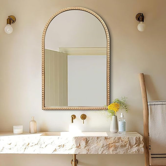 Gold Arched Mirror, 24"x36" Arch Vanity Mirrors for Bathroom, Metal Beaded Frame Decorative Accent Mirror, Ornate Vintage Mirrors for Fireplace Bedroom Living Room Hallway Entryway