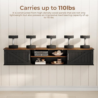 Floating TV Stand with Doors, 63'' Farmhouse Floating TV Shelf for TVs up to 80 Inch, 2 Tier Wall Mounted TV Stand, Floating Entertainment Center, TV Floating Cabinet for Living Room, Bedroom, Black