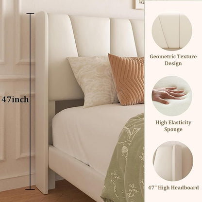 Full Bed Frame with Storage Drawers, Upholstered Platform Bed with Headboard and Wingboard, No Box Spring Needed, Noise Free, Easy Assembly, Wooden Support Slats, Beige