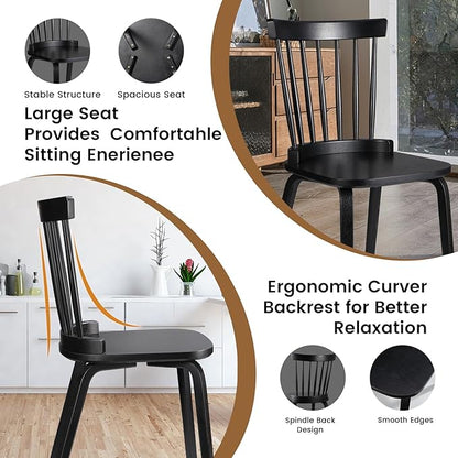Unovivy Wood Dining Chairs Set of 2, Windsor Farmhouse Spindle Back, Widen Seat, Modern Mid-Century Country Style, for Living Room Restaurant, Black