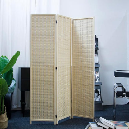 3 Panel Room Divider and Folding Panel Screen,Bamboo Panel Divider Screen for Room Separation,Beige,67" H x 46" W