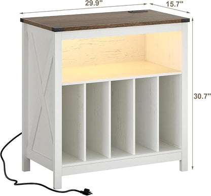 ChooChoo Large Record Player Stand with Charging Station & LED Light, Vinyl Record Holder hold up to 300 Albums, Farmhouse End Table for Bedroom, Living Room, Soft White
