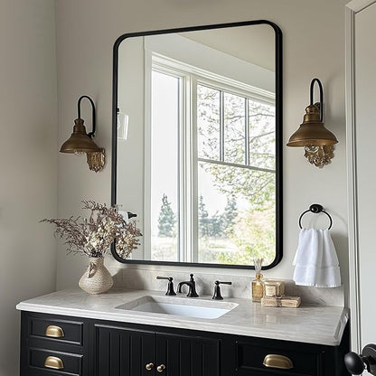 Bathroom Mirror, 40" x 30" Wall Mirror, Rectangular Aluminum Alloy Frame Contemporary Hanging Mirror for Living Room Bathroom Entryway, Black Rounded Corner