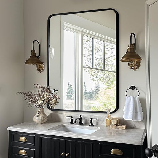 Bathroom Mirror, 40" x 30" Wall Mirror, Rectangular Aluminum Alloy Frame Contemporary Hanging Mirror for Living Room Bathroom Entryway, Black Rounded Corner