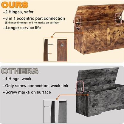 39.4" Storage Chest, Wooden Storage Bench, Large Storage Trunk with 2 Safety Hinges, Entryway Shoes Bench for Living Room, Bedroom, Rustic Brown