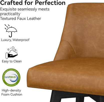 Counter Height Bar Stools Set of 4, Modern Swivel Barstools with Back and Wood Legs, Faux Leather Upholstered Bar Chairs, 26" H Kitchen Counter Stools, Kitchen Island Home Bar, Whisky Brown