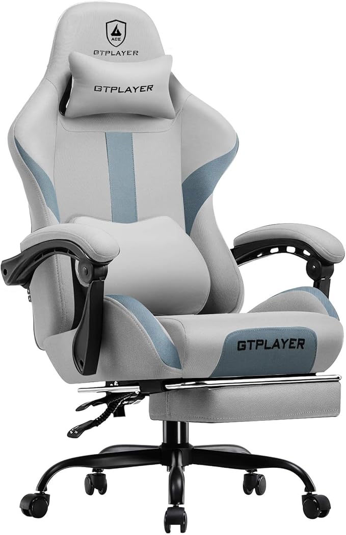 GTRACING Gaming Chair with Foot Rest & Pocket Spring Cushion, Breathable Fabric for Home Office Desk, Ergonomic High Back Computer Chair with Headrest & Lumbar Support, Gray