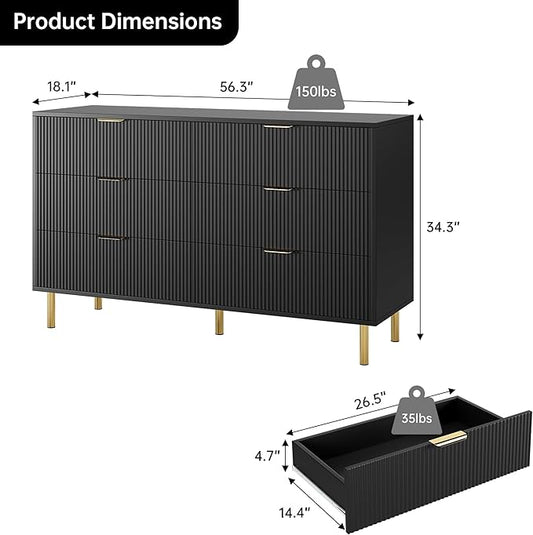 GarveeHome Black Dresser, Modern 6 Drawer Dresser for Bedroom with Gold Handle and Large Drawer, Wood Double Chest of Drawers and Storage Organizer for Living Room, Hallway, Entryway