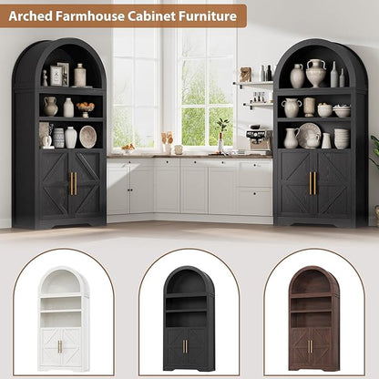 Arched Bookshelf Bookcase China Pantry Storage Cabinet with Doors and Shelves,Kitchen Pantry Cabinet,71“ Tall Food Pantry Furniture for Living Room, Dining Room (Black)