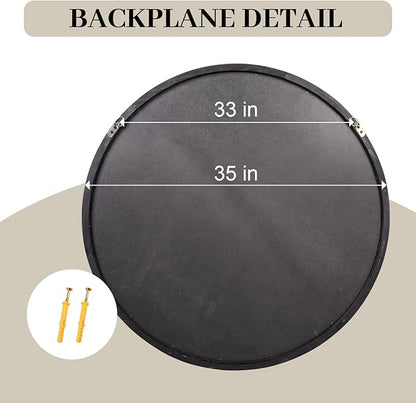 35" Round Wood Mirror, Rustic Circle Wall Mirror with Beveled, Wooden Round Mirror for Wall Decor, Decorative Wall-Mounted Mirror for Entryway, Living Room, Washed Black Frame