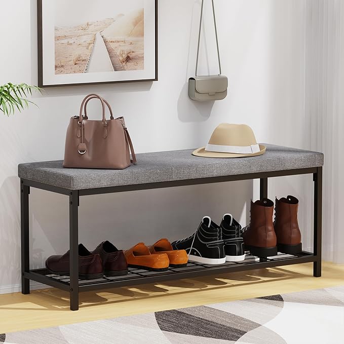 Shoe Bench, Entryway Bench with Cushion Seat, Shoe Rack Bench with Storage, Modern Style, Holds Up to 350 lb, for Living Room, Bedroom, Hallway, Grey