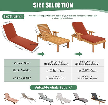 Chaise Lounge Cushions Outdoor Set of 2 - Waterproof and Fade Resistant Sun Lounger Replacement Cushions - Patio Lounger Pads with Removable Cover for Pool, Deck, 80 x 26 x 3 Inch, Rust
