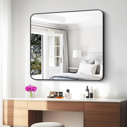 BONEWEI 36x40 inch Bathroom Mirror,Black Rectangle Mirror,Wall Mounted Bathroom Frame Vanity Mirror with Round Corner for Bedroom Living Room,Entryway Hangs Horizontal or Vertical