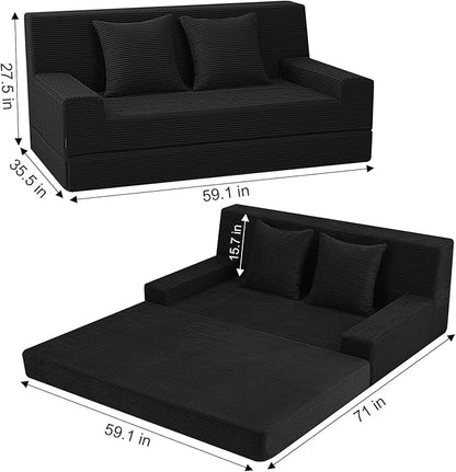 MeMoreCool Boneless Folding Sofa Bed Queen, Corduroy Convertible Sleeper Chair, Foldable Foam Mattress Chair, Comfy Fold‑Out Futon Couch Bed, Large Floor Sofa Couch for Living Room Guest