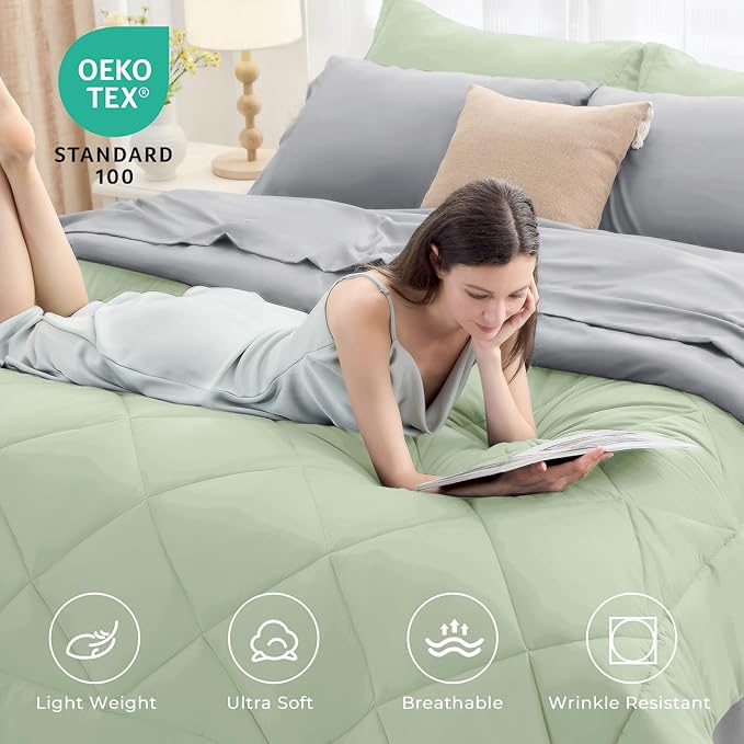HEVUMYI King Comforter Set - 7-Piece All Season Bed in a Bag King, Ultra Soft Bedding Set with Comforter, Flat Sheet, Fitted Sheet, Pillowcases, Pillow Shams, Sage Green & Light Grey