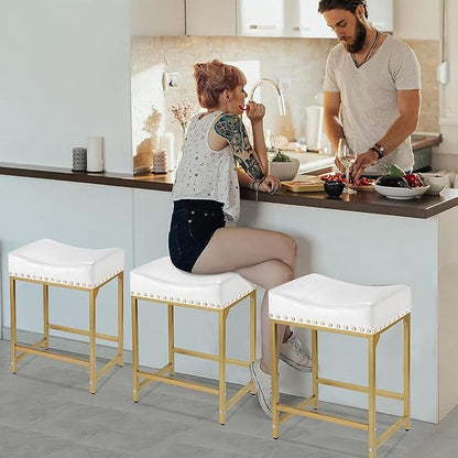 Bar Stools Set of 4 Counter Height, 24" Modern Off White & Gold Counter Stools Set of 4, Stools for Kitchen Counter, Modern Barstools Saddle Stool Backless Island(Off White+Gold)