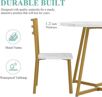 VECELO Small Round Dining Table Set for 2, Wood Tabletop with Strong Metal Frame, Modern Dinette with Chairs for Kitchen, Breakfast Nook Living Room, White & Gold