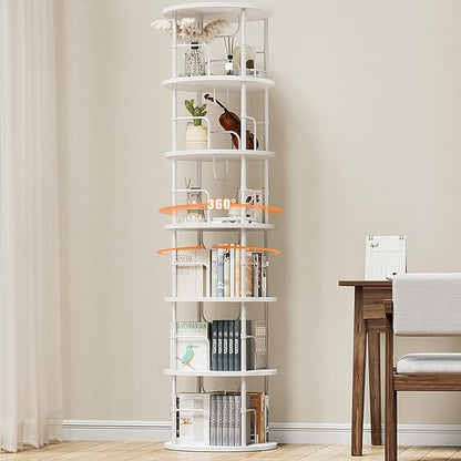 6 Tier Rotating Bookshelf, 360 ° Display Stackable Spinning Bookshelf Tower, Corner Bookshelf Tall Floor Standing Swivel Bookcase Narrow Storage Organizer for Bedroom, Living Room, White