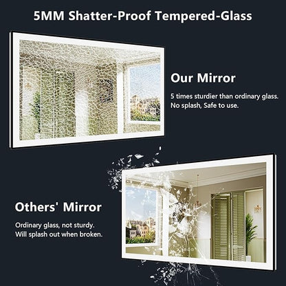 66x36 Inch LED Bathroom Mirror with Lights (Front Lit and Backlit) Black Framed Lighted Vanity Mirror for Bathroom Wall Dimmable Anti-Fog Memory Tempered Glass Horizontal/Vertical