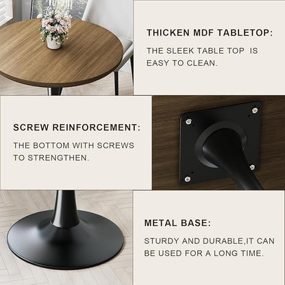 24" Small Tulip Table for 2 Person, Walnut Wood Round Dining Table for Kitchen, Mid Century Modern Table with Metal Pedestal Base for Cafe, Pub, Bar, Living Room, Bar, 24 inch Circle Bistro Tables