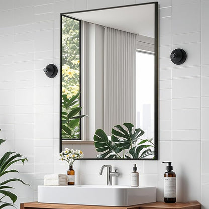 Matte Black Mirror, 22x30 Inch Aluminum Framed Rectangle Mirror, Anti-Rust, Tempered Glass, Square Corner Wall Mirror for Over Sink, Vanity, Bedroom, Entryway, Horizontal/Vertical