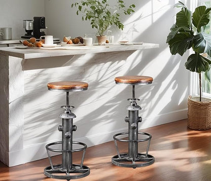 Swivel Bar Stool Industrial Coffee Kitchen Dining Chair Fire Hydrant Design Height Adjustable 24.8-30.7inch Wooden Seat