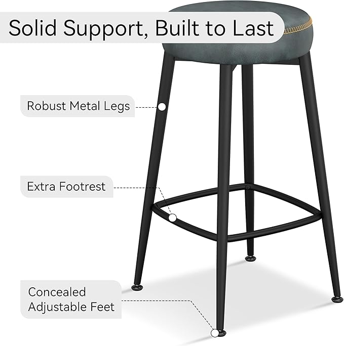 Counter Height Bar Stools, 26" H Backless Bar Stools Set of 6, Upholstered Faux Leather Kitchen Counter Stools, Mid Century Modern, Kitchen Island Home Bar, Pub, Black Blue