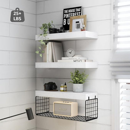 QEEIG Bathroom Shelves Over Toilet - Wall Mounted Floating Shelves Toilet Paper Storage Small Farmhouse Decor Shelf 16 inch Set of 3, White and Black (019-WB3)