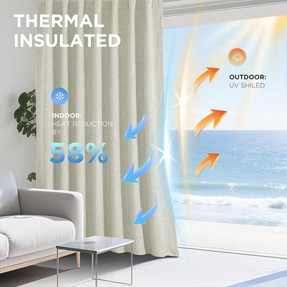 Joydeco 100% Blackout Curtains for Bedroom - Natural Linen Curtains 42" W x 108" L Long, Thermal Insulated 2 Panels Light Beige. Room Darkening Light Blocking Drapes for Living Room