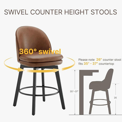 Counter Height Barstools 26 inch Upholstered Swivel Bar Stools with Back and Wood Legs for Kitchen Island,Set of 4,Brown PU Leather-Armless