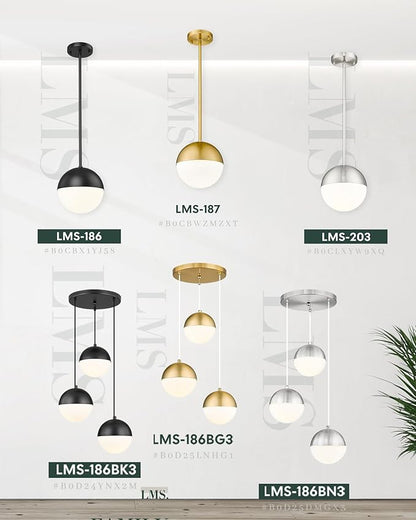 LMS Brushed Nickel Pendant Lights Kitchen Island, 8" Modern Globe Pendant Light Fixtures with Milk White Glass, Adjustable Hanging Lighting for Kitchen Island Sink Bedroom Bathroom, LMS-203