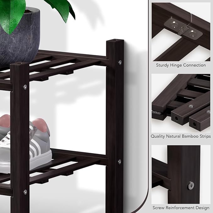 Haddockway 2 Tier Bamboo Shoe Rack Storage Organizer, Multifunctional Free Standing Stackable Shoe Shelf with Grid Panel for Closet,Hallway,Entryway,Small Space 27"x11"x13"(Brown, 2 Tier)