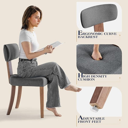 Mid Century Modern Dining Chairs Set of 4, Linen Upholstered Kitchen Chairs with Curved Backrest & Adjustable Legs for Living Room/Lounge, Easy to Install, Grey Linen